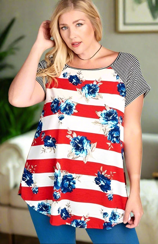 Womens Floral Striped Top, 4th of July Shirt, Plus Sizes 1xl/2xl/3xl, Red/White/Blue Tops MomMe and More 