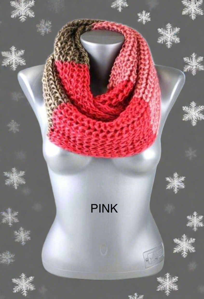 Womens Winter Scarf, Infinity Loop Scarf, Color Block Striped Scarf, OS, Multi-Colors scarves MomMe and More OS Pink 