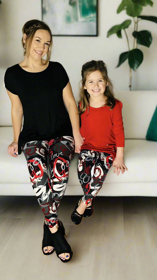 Womens Valentines Day Heart Leggings, Soft Yoga Pants, Sizes 0-20, Yoga Waist, Black/Red Leggings MomMe and More 