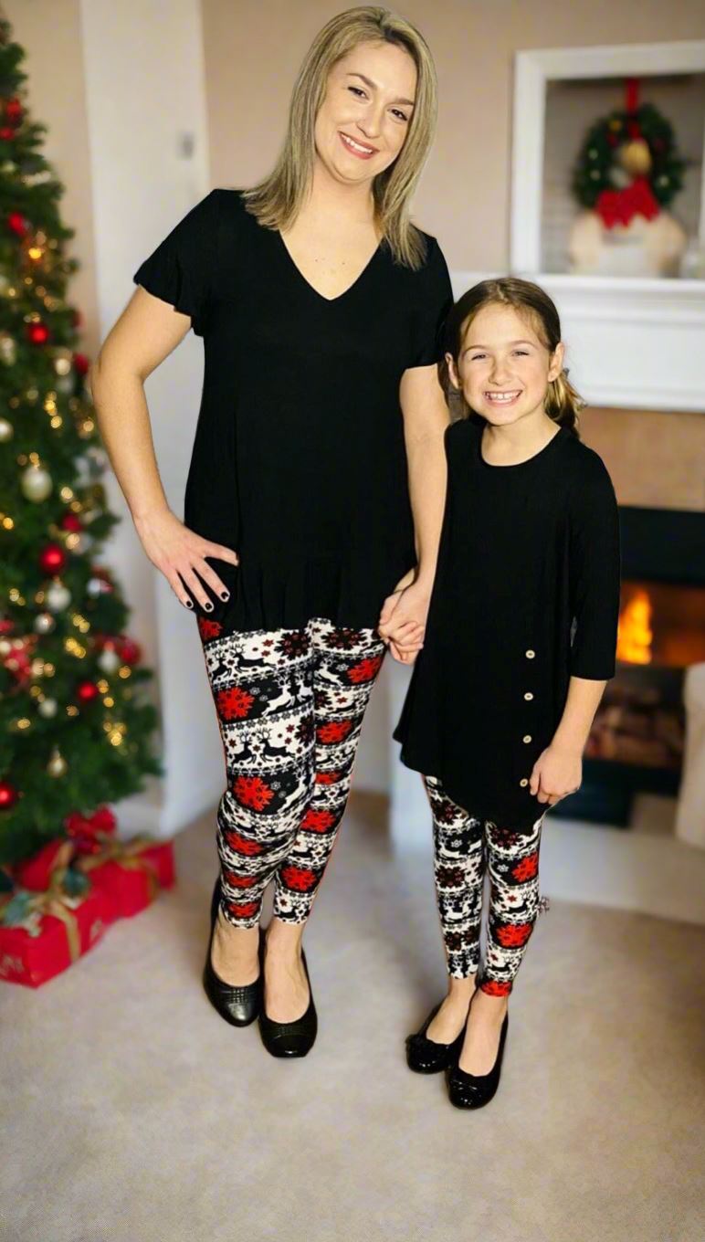 Girls Christmas Holiday Leggings, Kids Yoga Pants, Sizes S/L, No-Roll Waist, Black/Red/White Leggings MomMe and More 