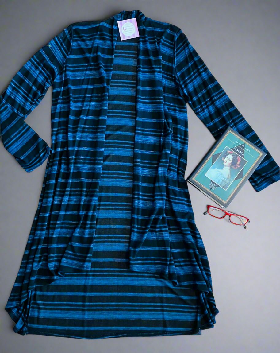 Womens Striped Long Cardigan Black/Blue Sizes S/M/L Cardigan MomMe and More 