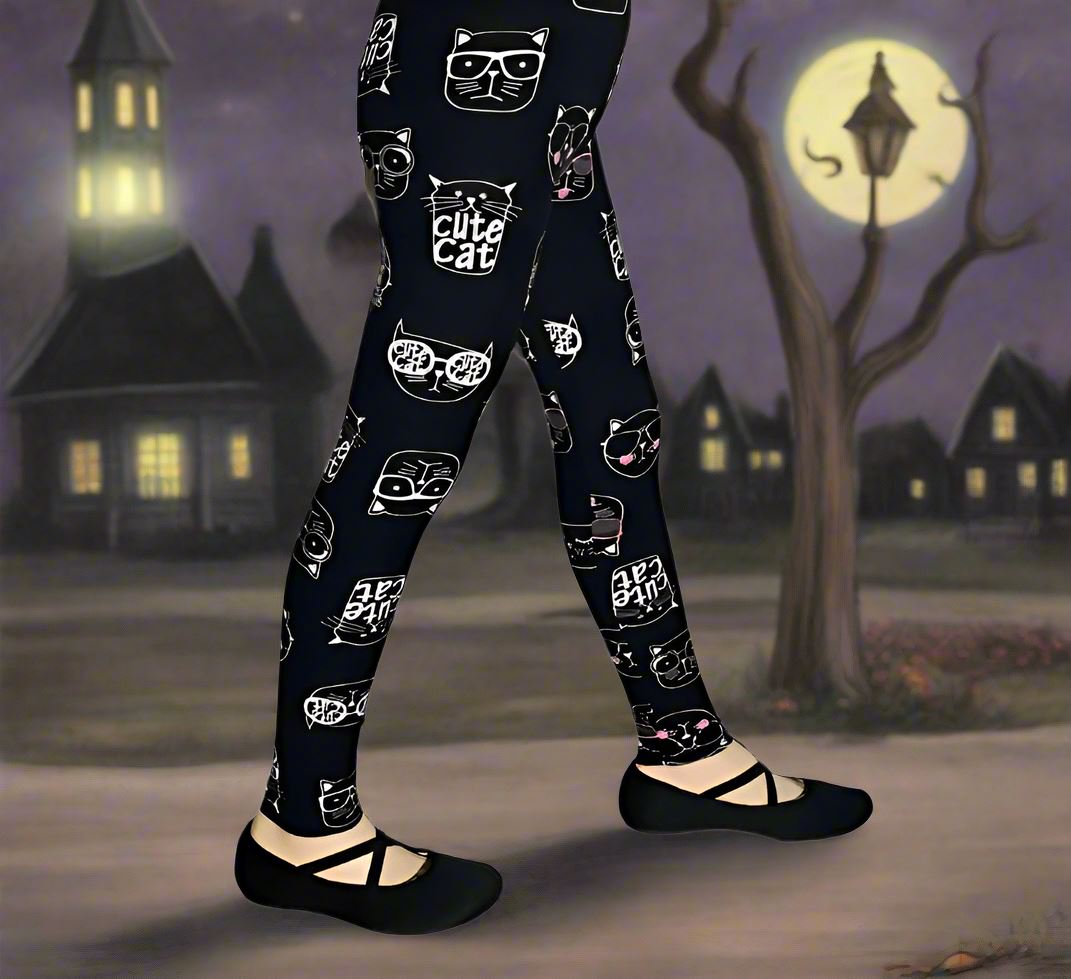 Girls Halloween Black Cat Leggings, Kids Yoga Pants, Sizes S/L, No-Roll Waist, Black/White Leggings MomMe and More 