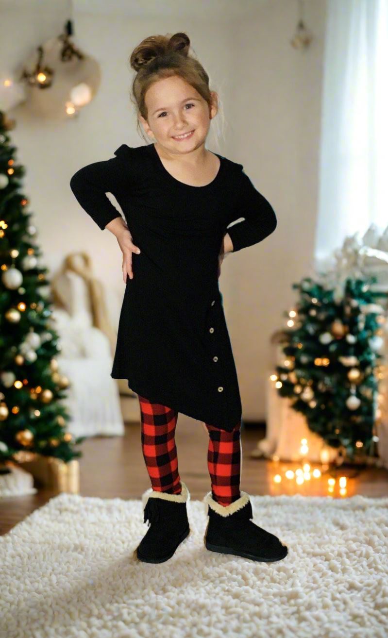 Girls Christmas Red Plaid Leggings, Kids Yoga Pants, Sizes S/L, No-Roll Waist, Red/Black Leggings MomMe and More 