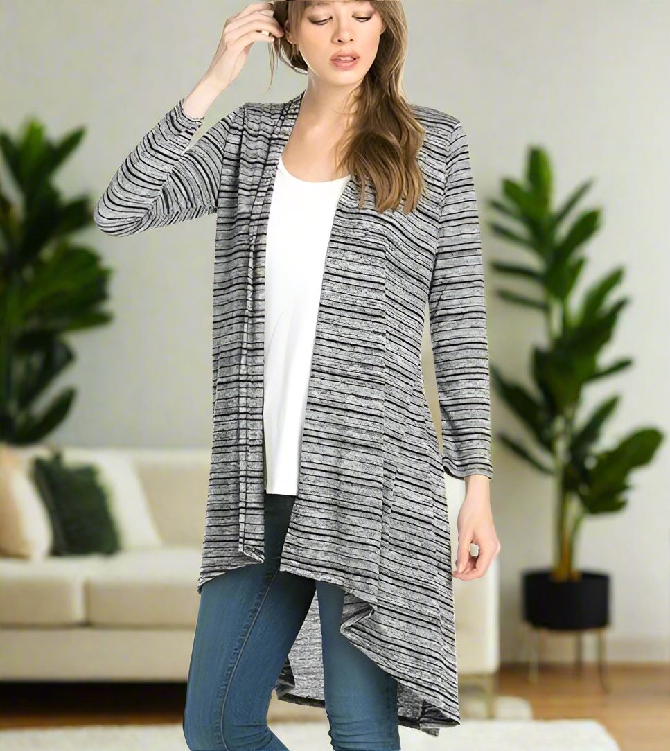 Womens Heather Striped Sweater Cardigan Black/Gray Sizes S/M/L/XL Cardigan MomMe and More 