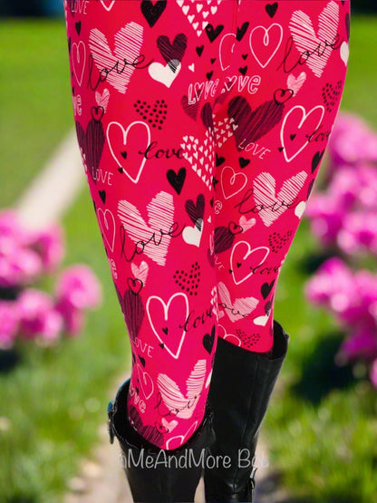 Womens Valentines Day Leggings, Pink Heart Leggings, Soft Yoga Pants, Sizes 0-20, Yoga Waist, Pink/Black Leggings MomMe and More 