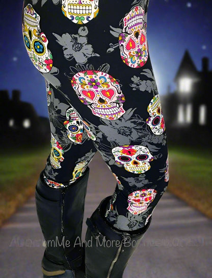 Womens Halloween Skull Leggings, Soft Yoga Pants, Adult Halloween Costume, Sizes 0-20, Yoga Waist, Black/Pink Leggings MomMe and More 