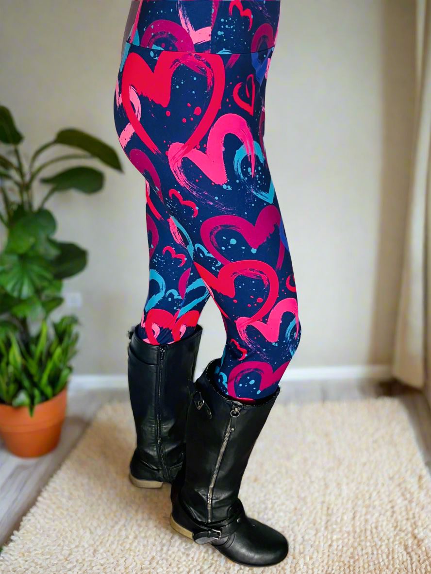 Womens Valentines Day Leggings, Graphic Heart Print, Soft Yoga Pants, Sizes OS/TC/TC2, Black/Pink/Blue, Exclusive Leggings Leggings MomMe and More 