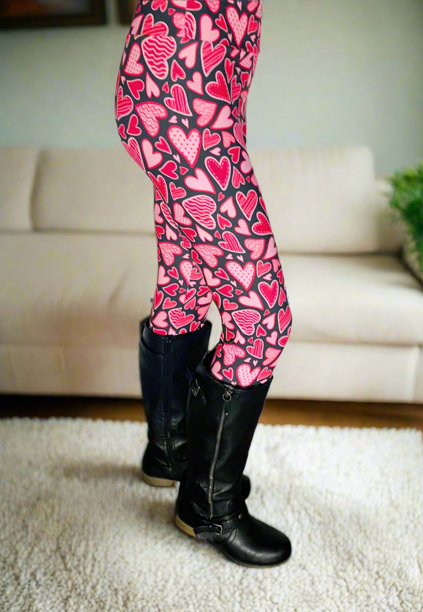 Womens Valentines Day Leggings, Doodle Hearts Print, Soft Yoga Pants, Sizes OS/TC/TC2, Black/Pink, Exclusive Leggings Leggings MomMe and More 