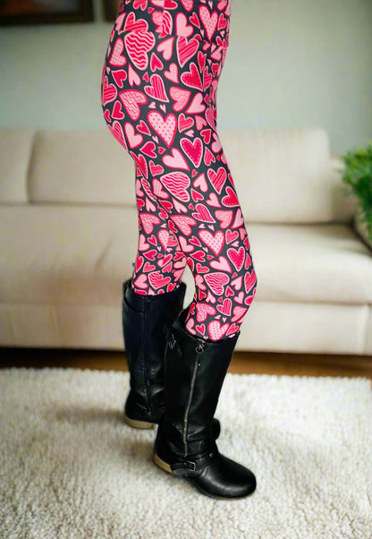 Womens Valentines Day Leggings, Doodle Hearts Print, Soft Yoga Pants, Sizes OS/TC/TC2, Black/Pink, Exclusive Leggings Leggings MomMe and More 