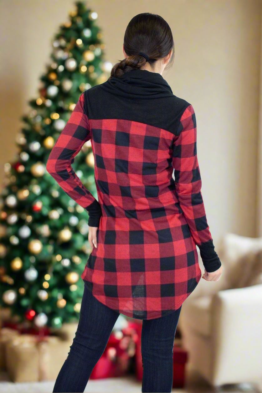 Womens Christmas Plaid Top, Long Sleeve Cowl Neck Shirt, Sizes S/M, Red/Black Tops MomMe and More 