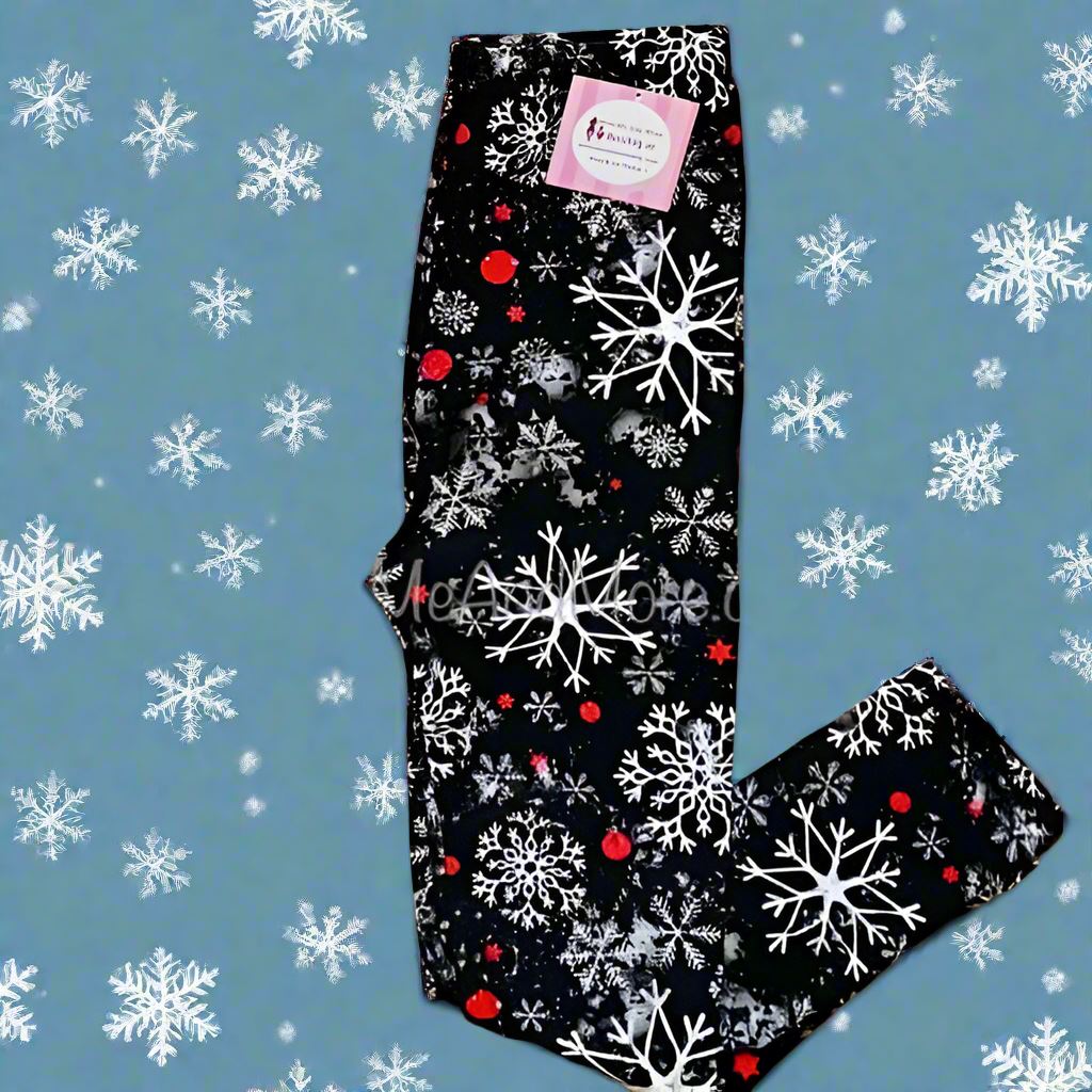 Girl Christmas Snowflake Leggings, Kids Yoga Pants, Sizes S/L, No-Roll Waist, Black/White Leggings MomMe and More 