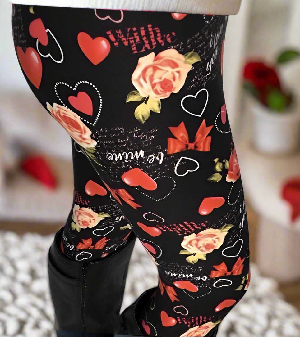 Womens Valentines Day Leggings, Heart Be-Mine Leggings, Soft Yoga Pants, No-Roll Waist, Sizes 0-18, Red/Black Leggings MomMe and More 