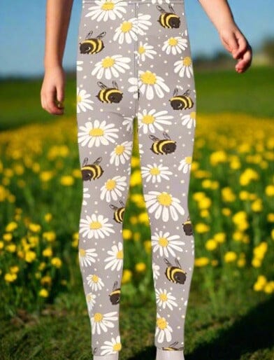 Girls Daisy Bee Leggings, Kids Yoga Pants, Sizes S/L, No-Roll Waist, Gray/Yellow Leggings MomMe and More 