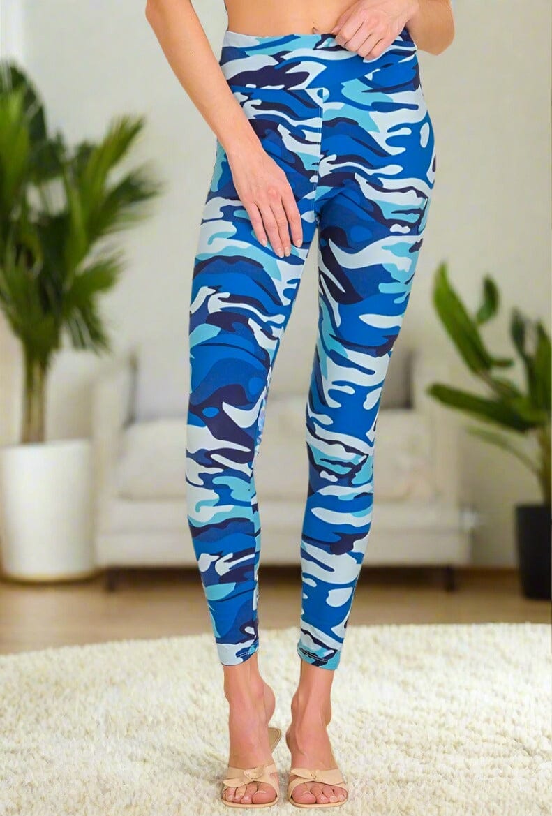 Womens Camouflage Leggings, Soft Yoga Pants, Sizes 0-20, Yoga Waist, Blue Leggings MomMe and More 