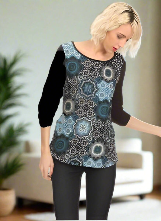 Womens Blue Geometric Shirt, Graphic Top, 3/4 Sleeve Shirt, Sizes S/M/L, Blue/Black Tops MomMe and More 