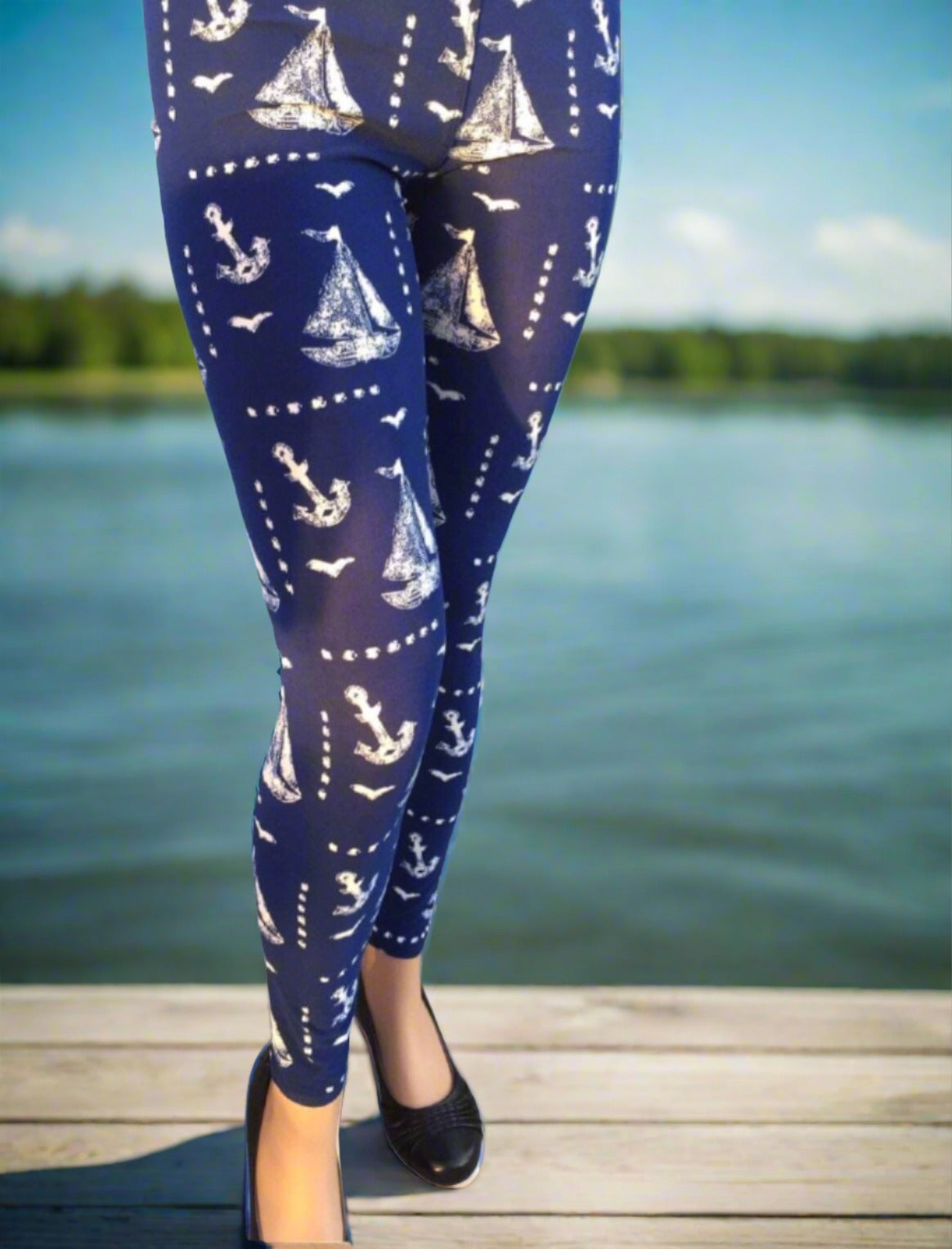 Womens Nautical Boat Leggings, Soft Yoga Pants, Blue/White, Sizes 0-20, Yoga Waist Leggings MomMe and More 