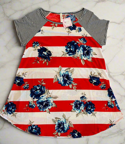 Womens Floral Striped Top, 4th of July Shirt, Plus Sizes 1xl/2xl/3xl, Red/White/Blue Tops MomMe and More 