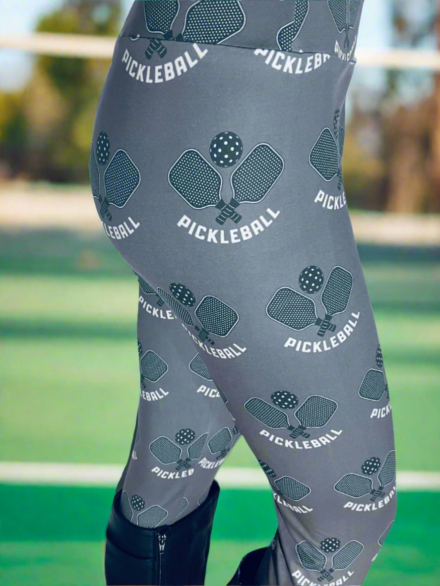 Womens Pickleball Leggings, Soft Yoga Pants, Sizes 0-20, Yoga Waist, Gray/Black, Exclusive Leggings (Copy) Leggings MomMe and More 