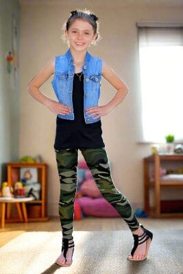 Girls Camouflage Leggings, Kids Yoga Pants, Sizes S/L, No-Roll Waist, Green Leggings MomMe and More 