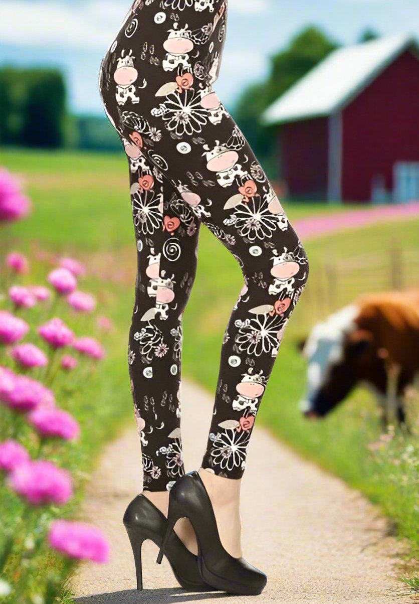 Womens Cow Leggings Soft Yoga Pants Black/Pink Sizes 0-18 Leggings MomMe and More 