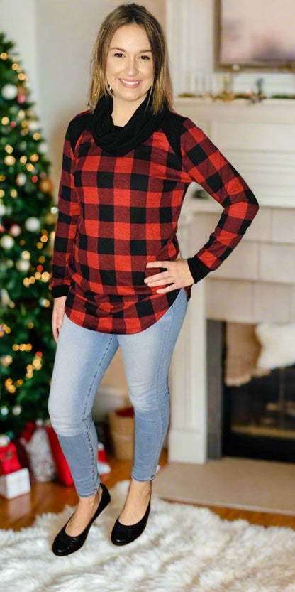 Womens Christmas Plaid Top, Long Sleeve Cowl Neck Shirt, Sizes S/M, Red/Black Tops MomMe and More 