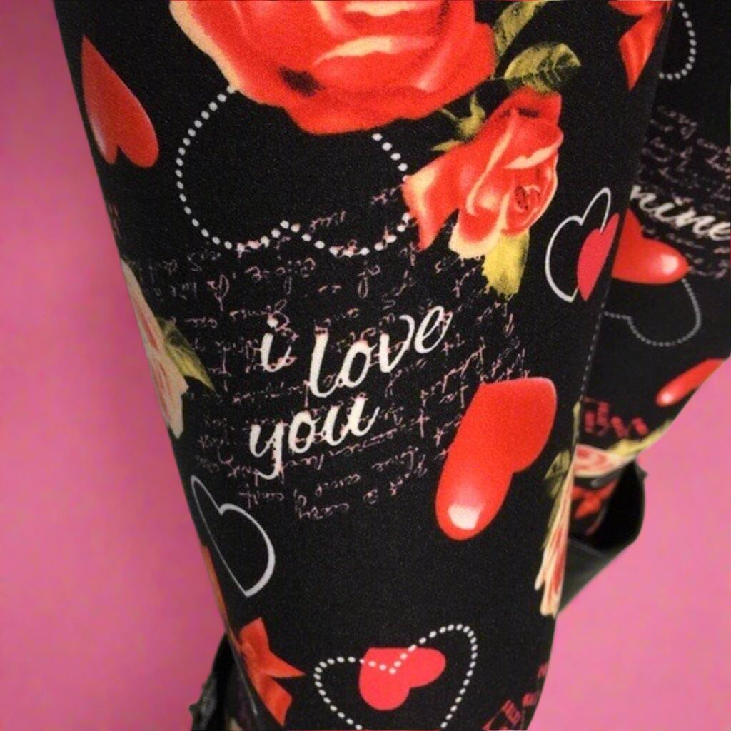 Womens Valentines Day Leggings, Heart Be Mine Leggings, Soft Yoga Pants, No-Roll Waist, Sizes 0-18, Red/Black Leggings MomMe and More 