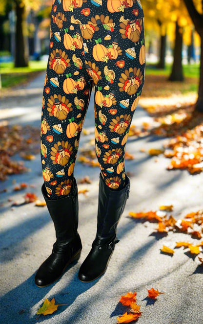 Womens Turkey Dinner Leggings, Fall Thanksgiving Leggings, Sizes 0-20, Brown/Multi, Yoga Waist, Exclusive Leggings Leggings MomMe and More 