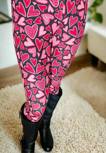 Womens Valentines Day Leggings, Doodle Hearts Print, Soft Yoga Pants, Sizes OS/TC/TC2, Black/Pink, Exclusive Leggings Leggings MomMe and More 