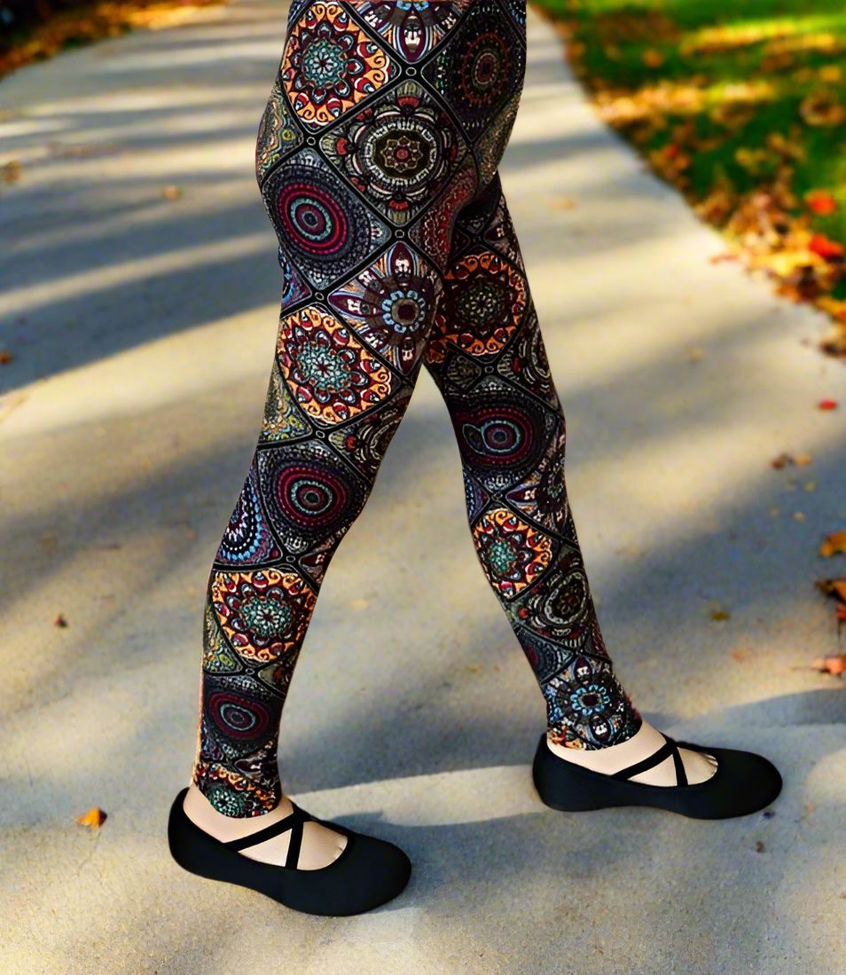 Girls Fall Mosaic Leggings, Kids Yoga Pants, Size S, No-Roll Waist, Brown/Multi Leggings MomMe and More 