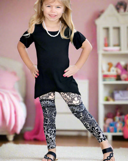 Girls Paisley Lace Leggings, Kids Yoga Pants, Sizes S/L, No-Roll Waist, Beige/Black Leggings MomMe and More 