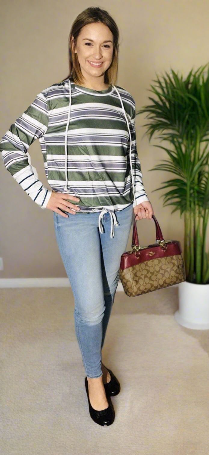 Womens Striped Hoodie Sweatshirt, Tie Waist Top, Sizes S/M/L/XL, Green/Gray/White Tops MomMe and More 