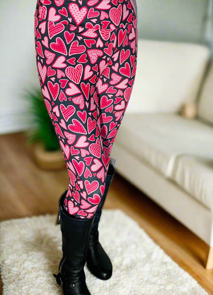 Womens Valentines Day Leggings, Doodle Hearts Print, Soft Yoga Pants, Sizes OS/TC/TC2, Black/Pink, Exclusive Leggings Leggings MomMe and More 