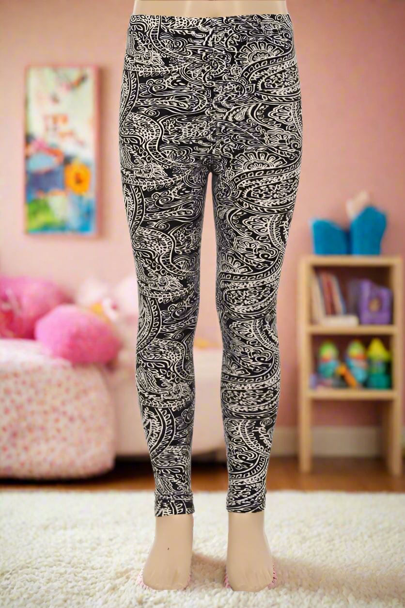 Girls Paisley Leggings Kids, Yoga Pants, Sizes S/L, No-Roll Waist, Black/White Leggings MomMe and More 