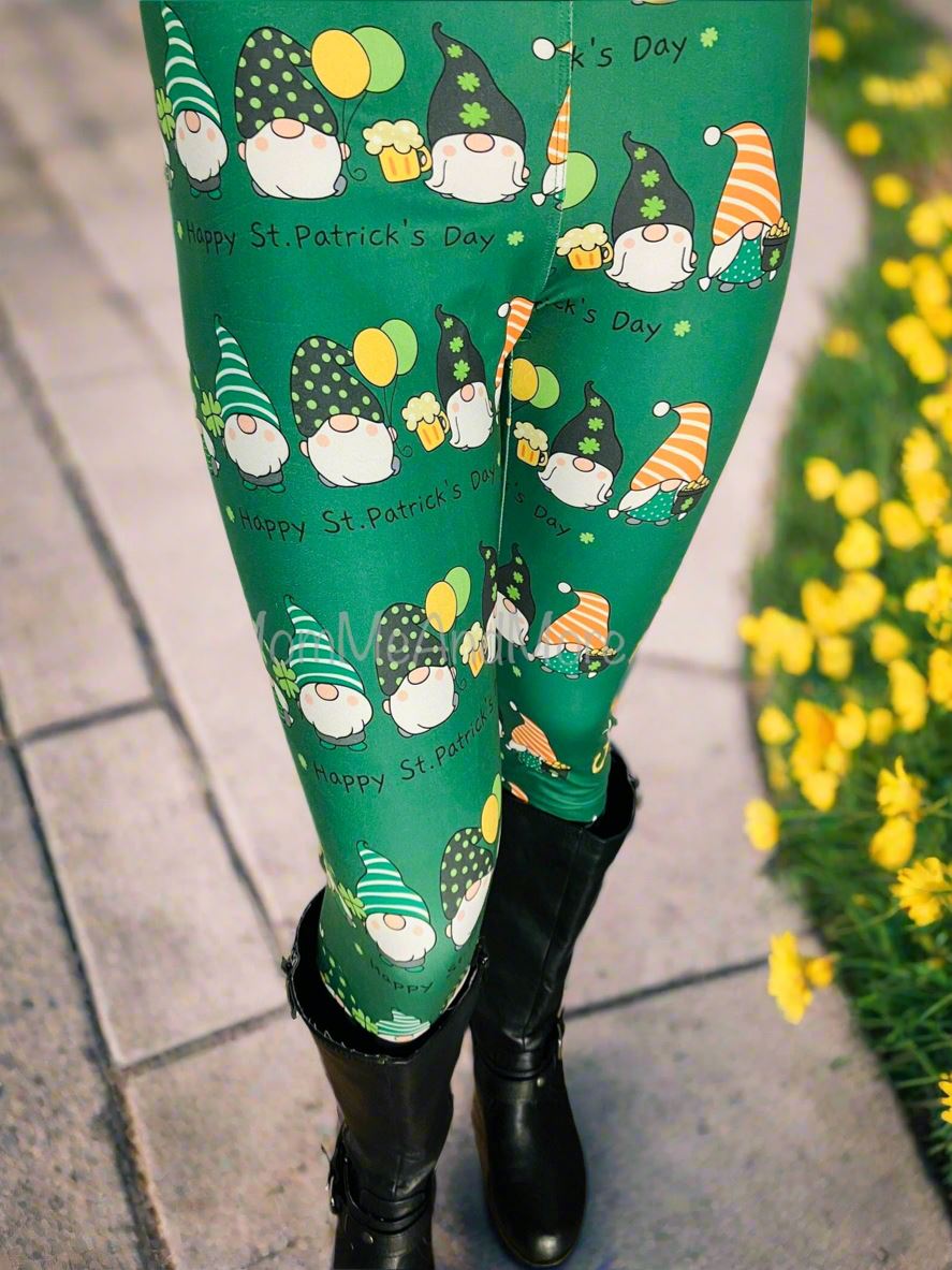 Womens St. Patrick Day Gnome Leggings. Soft Yoga Pants, Sizes 0-22, Yoga Waist, Green, Exclusive Leggings Leggings MomMe and More 