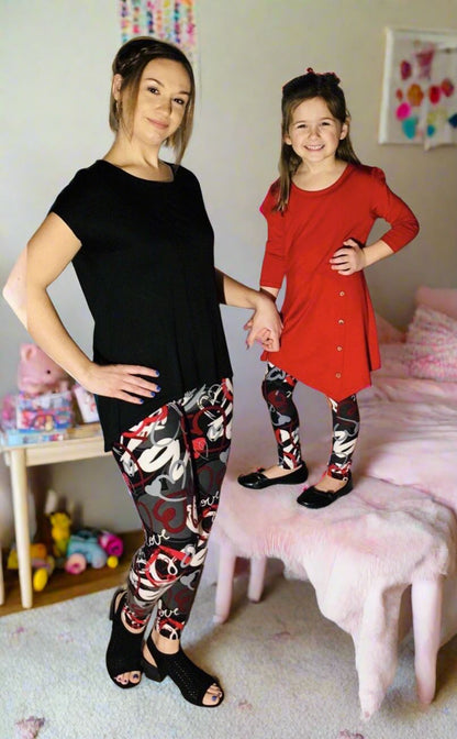 Girls Valentines Day Heart Leggings, Kids Yoga Pants, Sizes S/L, No-Roll Waist, Black/Red Leggings MomMe and More 