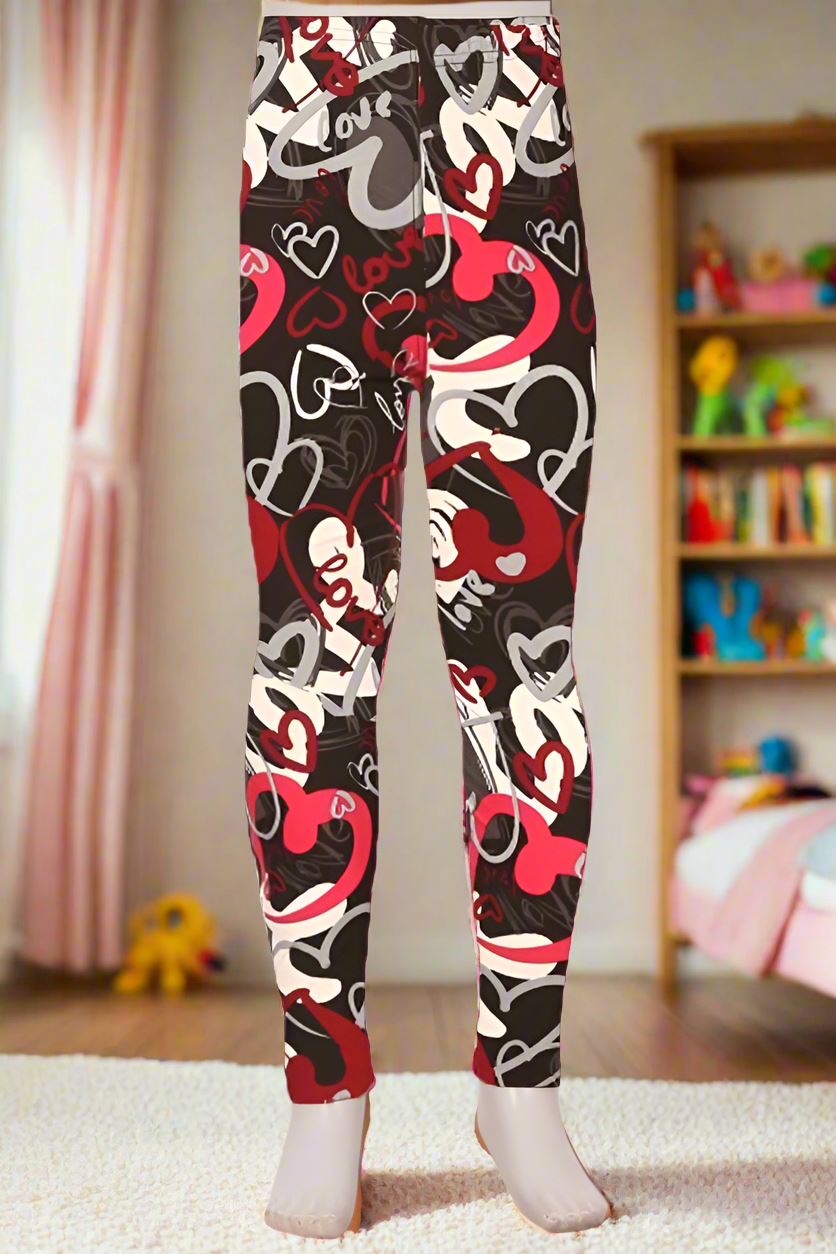 Girls Valentines Day Heart Leggings, Kids Yoga Pants, Sizes S/L, No-Roll Waist, Black/Red Leggings MomMe and More 