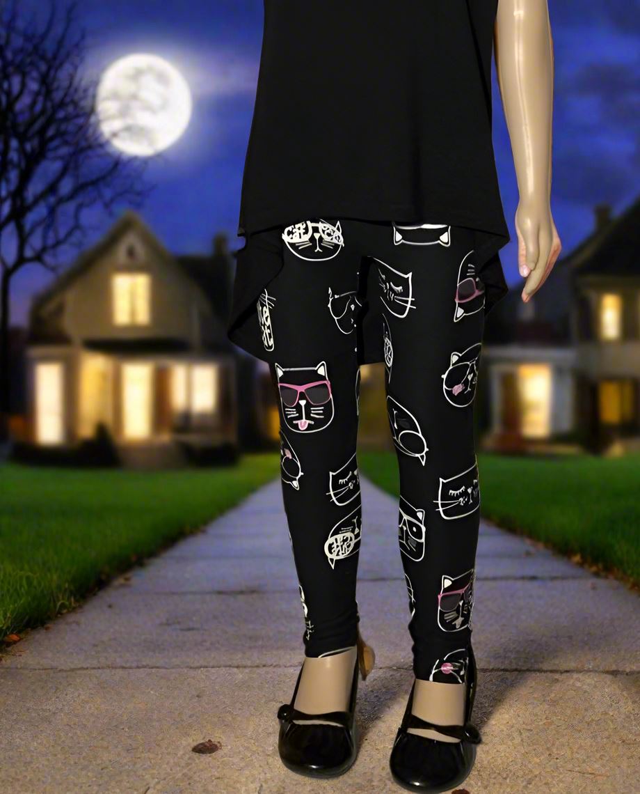 Girls Halloween Black Cat Leggings, Kids Yoga Pants, Sizes S/L, No-Roll Waist, Black/White Leggings MomMe and More 