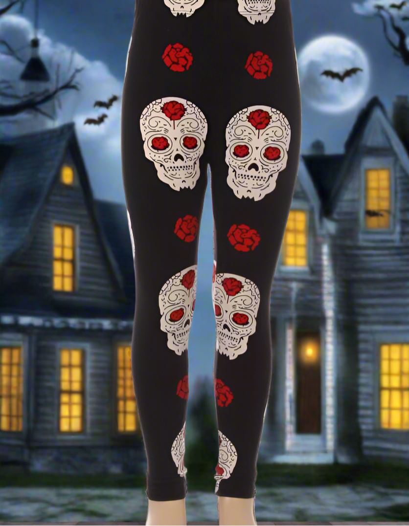 Girls Halloween Skull Rose Leggings, Kids Yoga Pants, Sizes S/L, No-Roll Waist, Black/White Leggings MomMe and More 