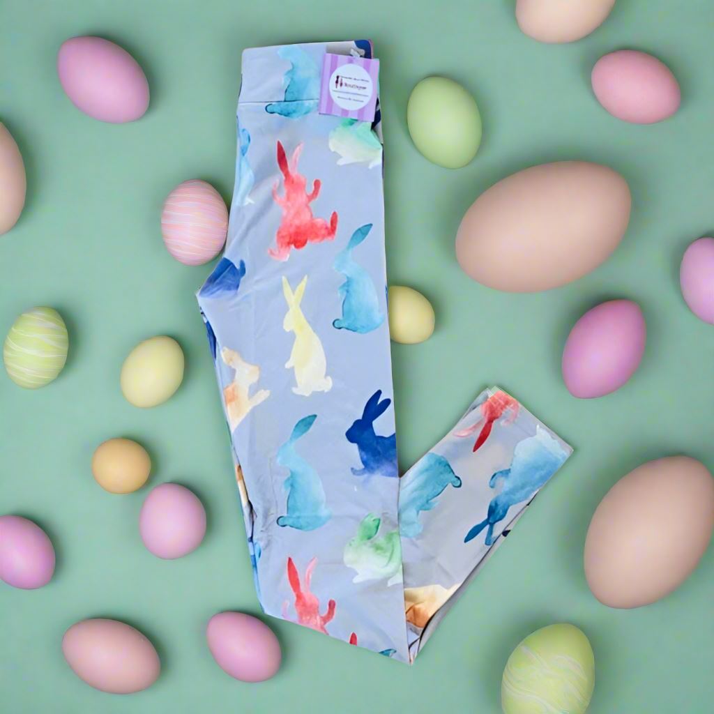 Girls Easter Bunny Leggings, Kids Yoga Pants, Sizes S/L, Yoga Waist, Gray/Multi, Exclusive Leggings Leggings MomMe and More 