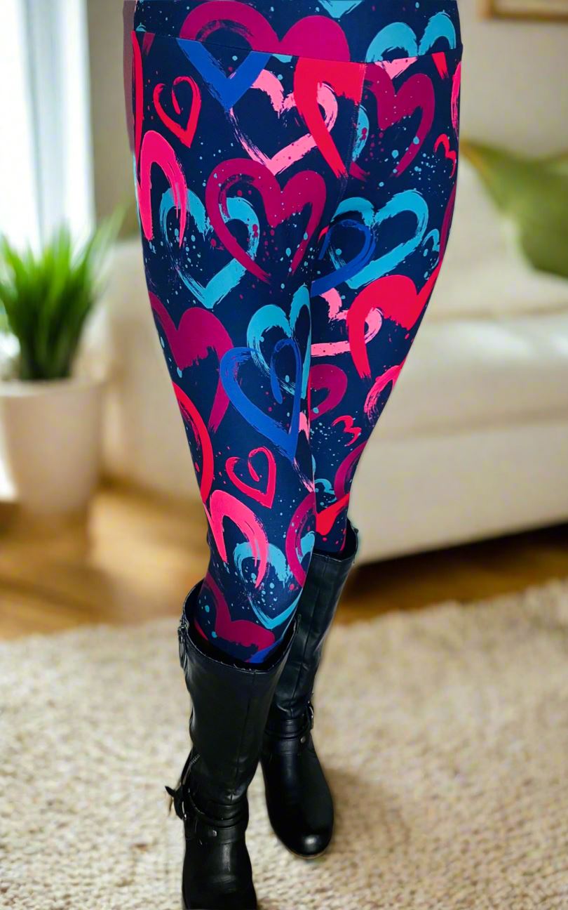 Womens Valentines Day Leggings, Graphic Heart Print, Soft Yoga Pants, Sizes OS/TC/TC2, Black/Pink/Blue, Exclusive Leggings Leggings MomMe and More 