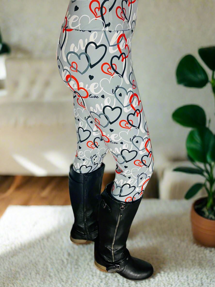 Womens Valentines Day Leggings, Love Heart Print Soft Yoga Pants, Sizes OS/TC/TC2, Gray/Red, Exclusive Leggings Leggings MomMe and More 0-12 Gray/Multi Yoga Waist