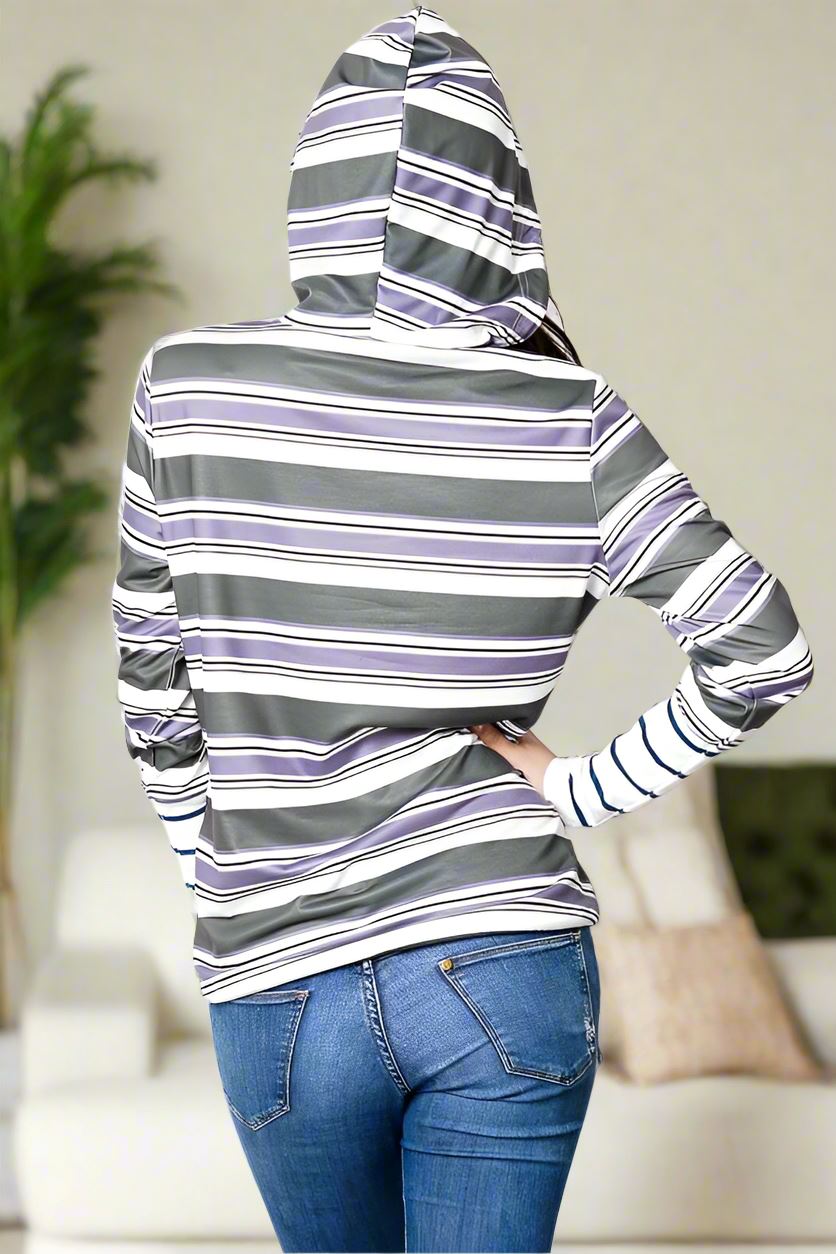 Womens Striped Hoodie Sweatshirt, Tie Waist Top, Sizes S/M/L/XL, Green/Gray/White Tops MomMe and More 