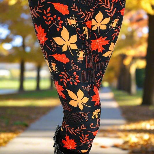 Womens Fall Leaf Hello Autumn Leggings, Soft Yoga Pants, Sizes 0-22, Yoga Waist, Black/Orange, Exclusive Leggings Leggings MomMe and More 