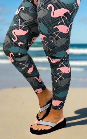 Womens Pink Flamingo Leggings, Soft Yoga Pants, Sizes 18-22, Gray/Pink Leggings MomMe and More 