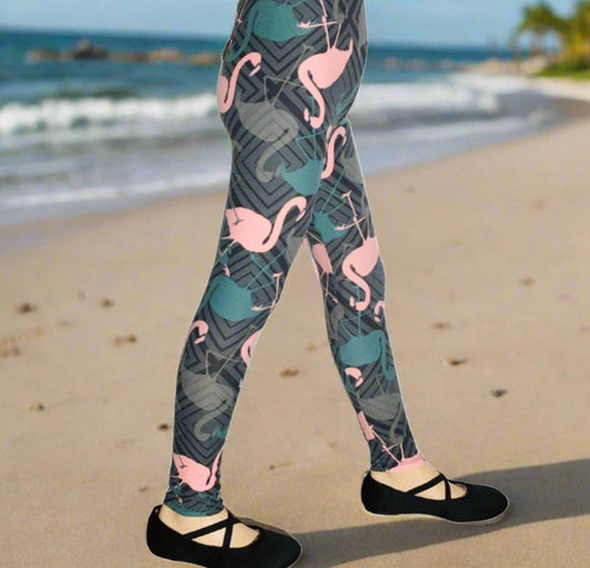 Girls Flamingo Leggings Kids Yoga Pants Pink/Gray Sizes S/L Leggings MomMe and More 