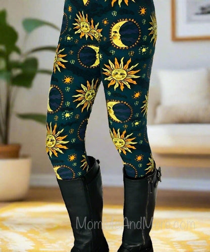 Womens Sun Moon Star Leggings, Soft Yoga Pants, Sizes 0-20, Blue/Yellow Leggings MomMe and More 