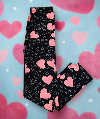 Girls Valentines Day Heart Leggings, Kids Yoga Pants, Sizes S/L, No-Roll Waist, Pink Leggings MomMe and More 