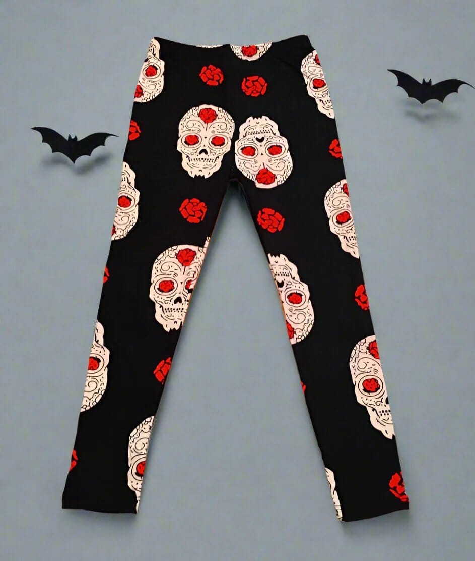 Girls Halloween Skull Rose Leggings, Kids Yoga Pants, Sizes S/L, No-Roll Waist, Black/White Leggings MomMe and More 