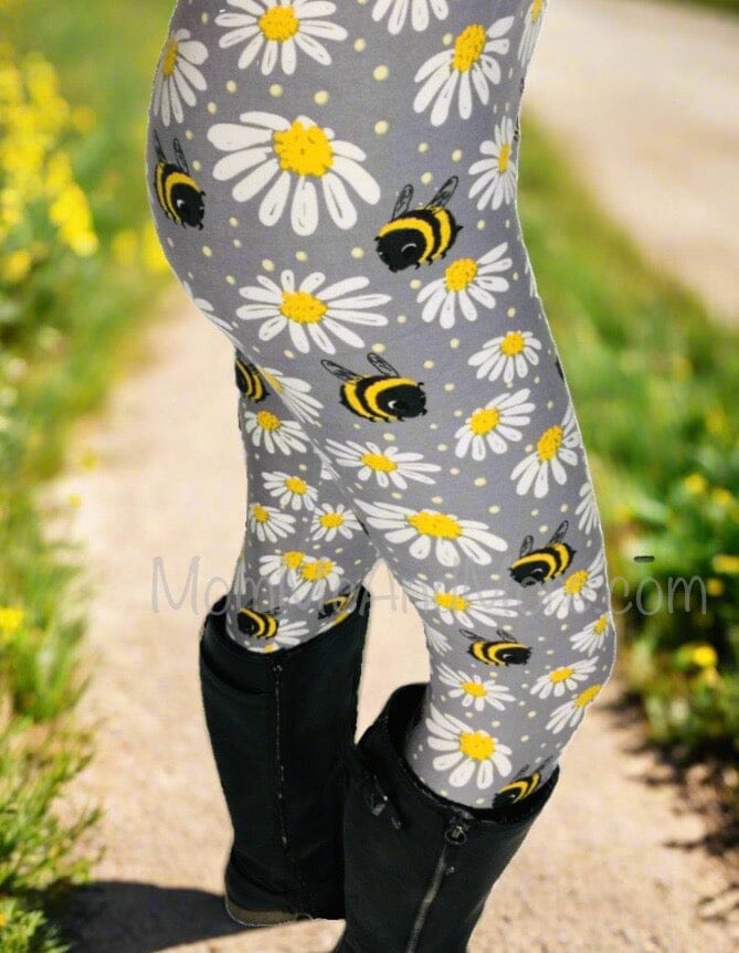 Womens Daisy Bee Leggings, Soft Yoga Pants, Sizes 0-22, Gray/Yellow Leggings MomMe and More 