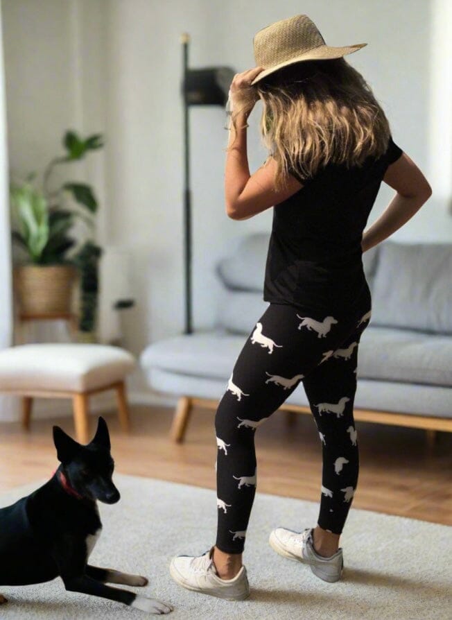 Womens Dachshund Dog Leggings, Soft Yoga Pants, Sizes 18-22, No-Roll Waist, Black/White Leggings MomMe and More 